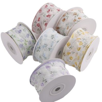40mm 50mm Organza Ribbon with Floral Printed Polyester Ribbon OEM 환경 친화적