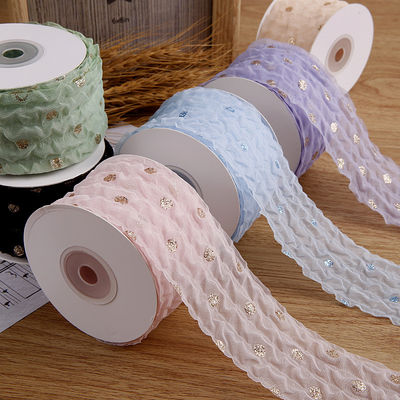 50mm Organza Ribbon with Dot Pattern Gold Foil Printed Polyester Organza Ribbon OEM 환경 친화적