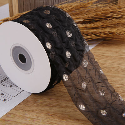 50mm Organza Ribbon with Dot Pattern Gold Foil Printed Polyester Organza Ribbon OEM 환경 친화적